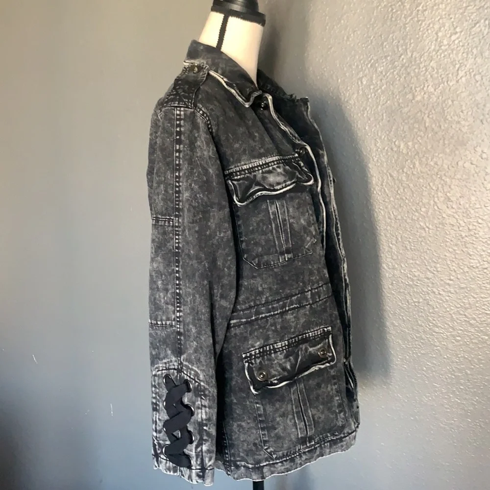 Vintage Havana Acid Wash Denim Jacket Small Black Flannel Lined Lace Up